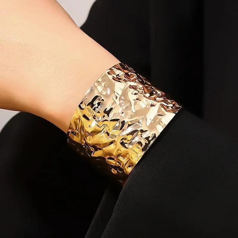 New Pleated Metal Cuff Wide Edition Exaggerated Irregular Bangles Bracelet For Women - Party Fashion Jewellery