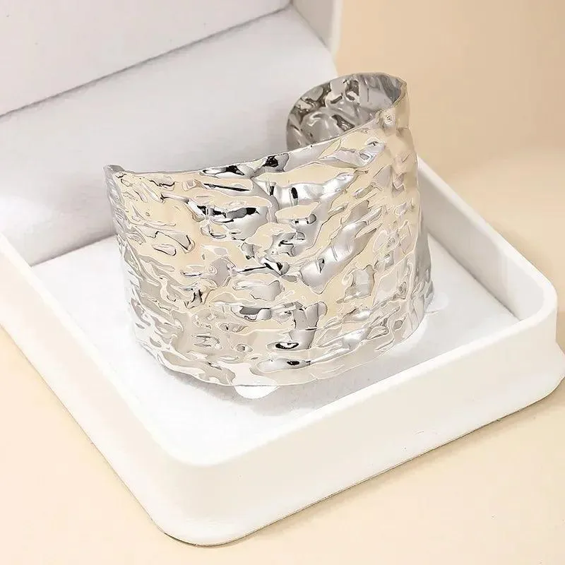 New Pleated Metal Cuff Wide Edition Exaggerated Irregular Bangles Bracelet For Women - Party Fashion Jewellery