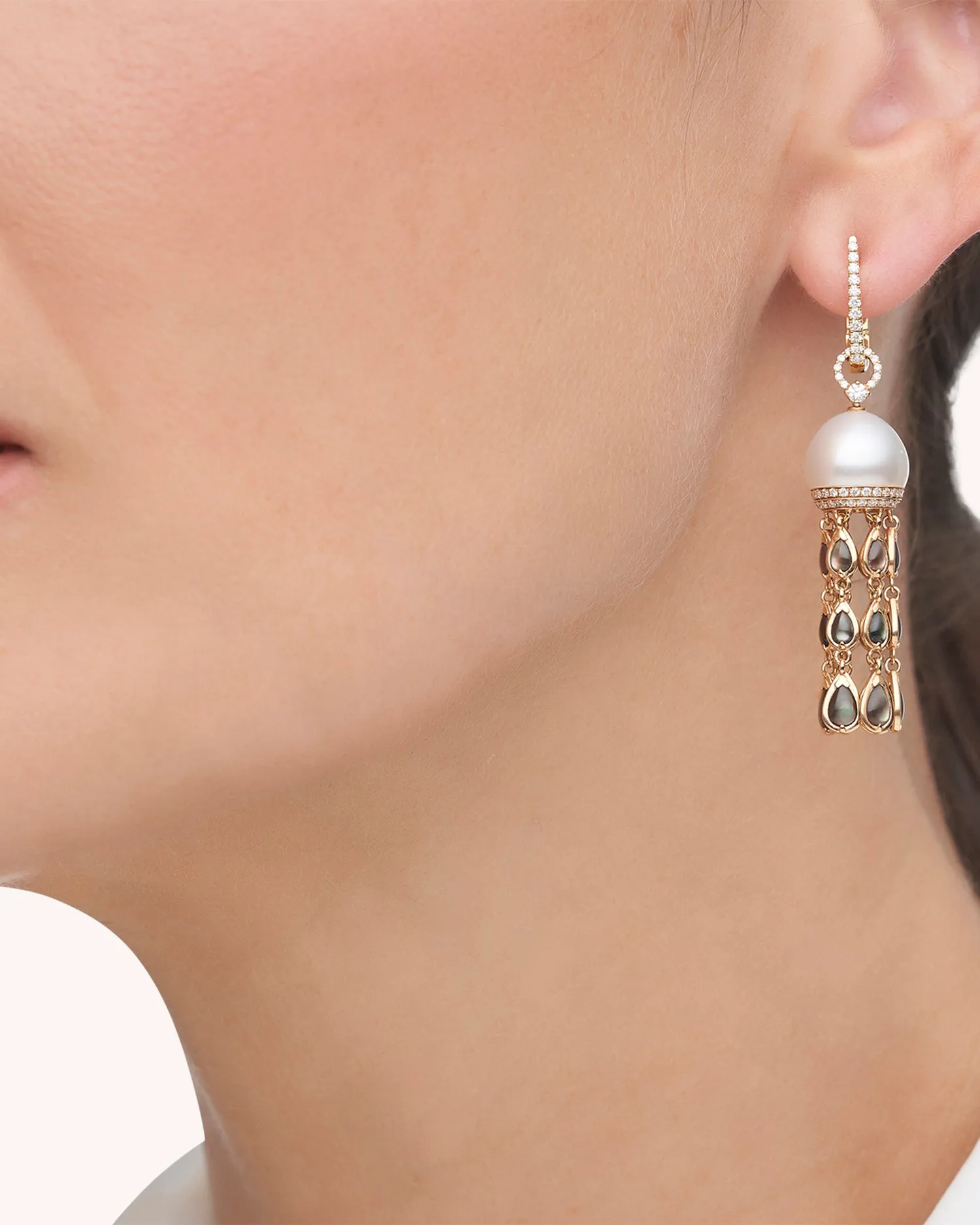 Noir Hero Lavalier Pearl Earrings | 10mm Oval Pearls, Black Mother of Pearl, and Rose Gold