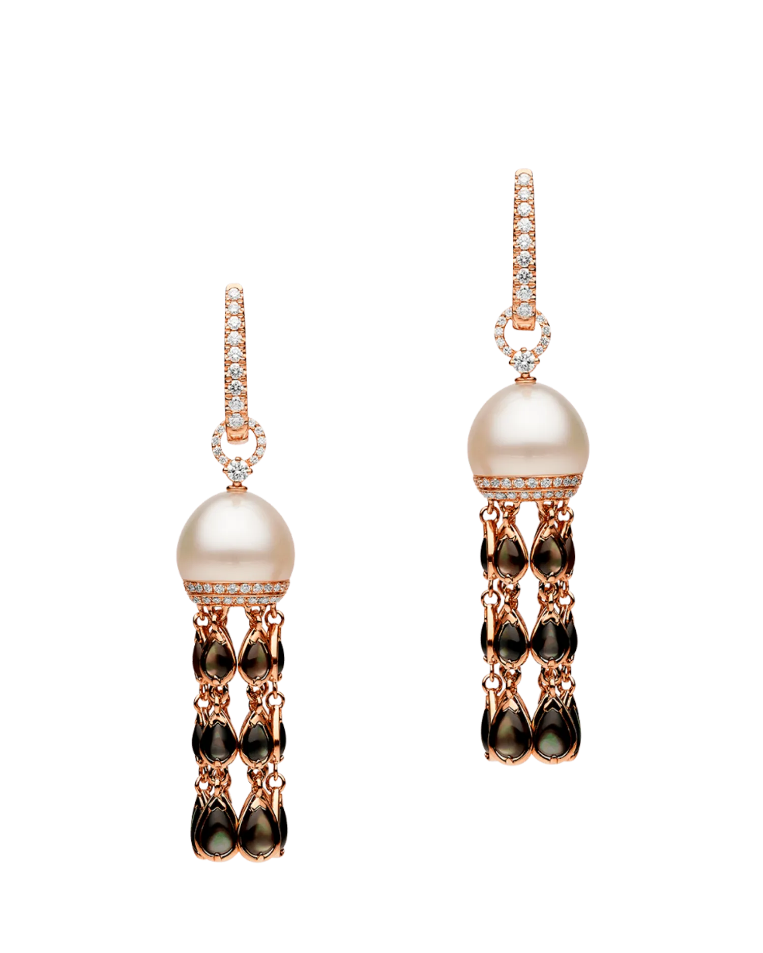 Noir Hero Lavalier Pearl Earrings | 10mm Oval Pearls, Black Mother of Pearl, and Rose Gold