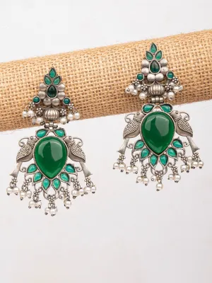 Peacock Shimmer - Green Stone Oxidized Bird Earrings with Pearl Beads