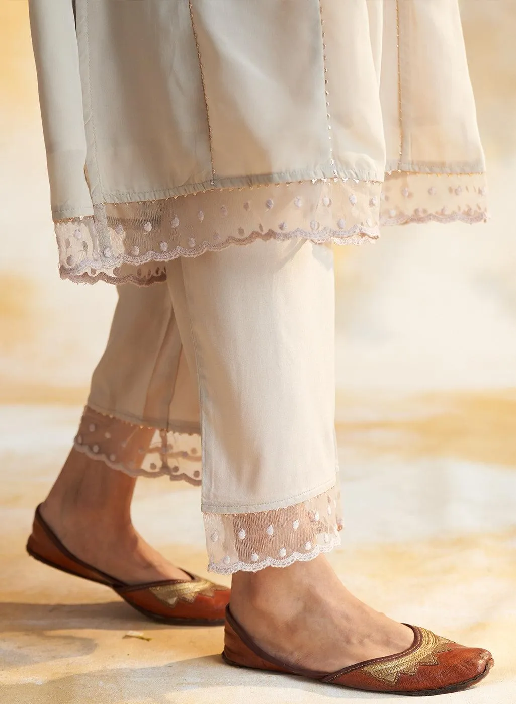 Pink-Beige Kurta Set With Chain Stitch Embroidery