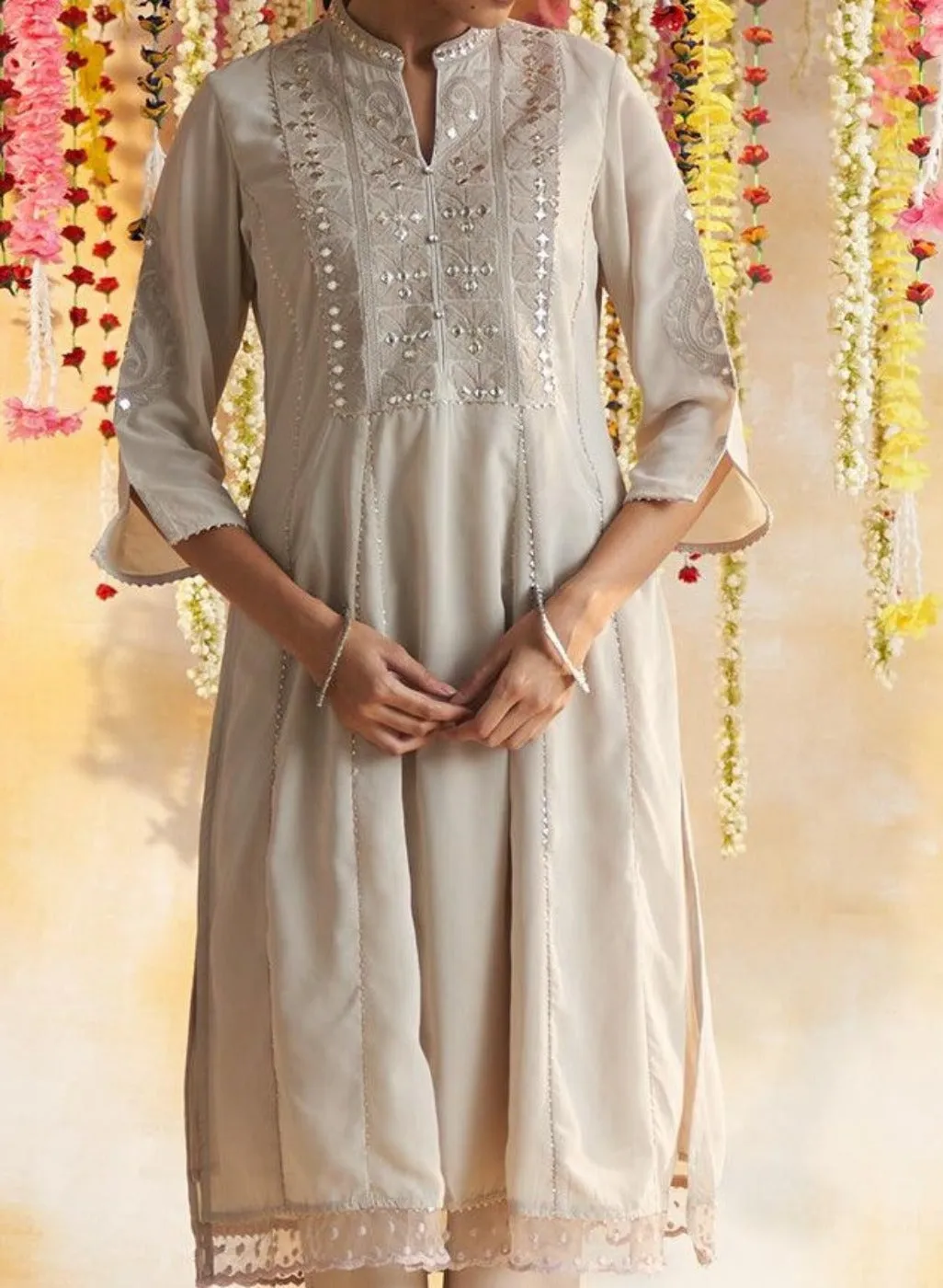 Pink-Beige Kurta Set With Chain Stitch Embroidery