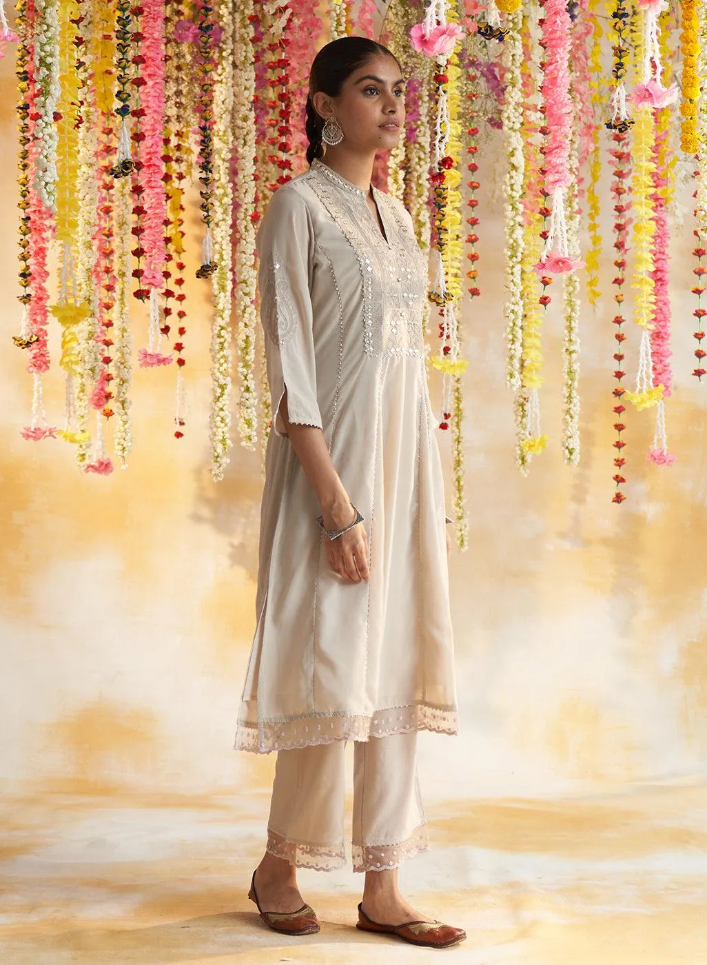 Pink-Beige Kurta Set With Chain Stitch Embroidery