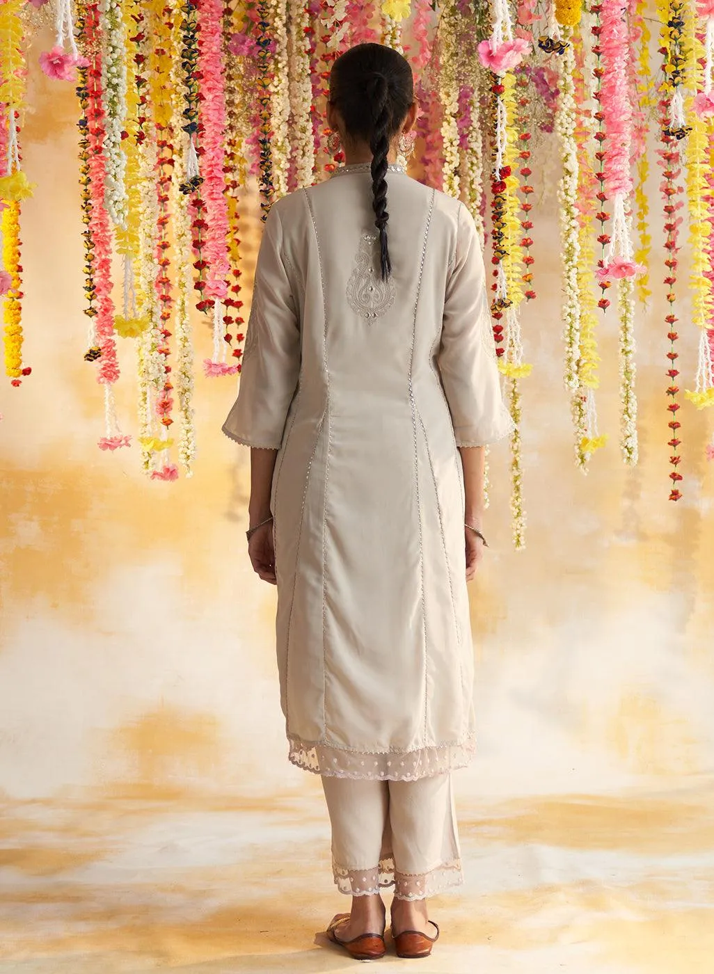 Pink-Beige Kurta Set With Chain Stitch Embroidery