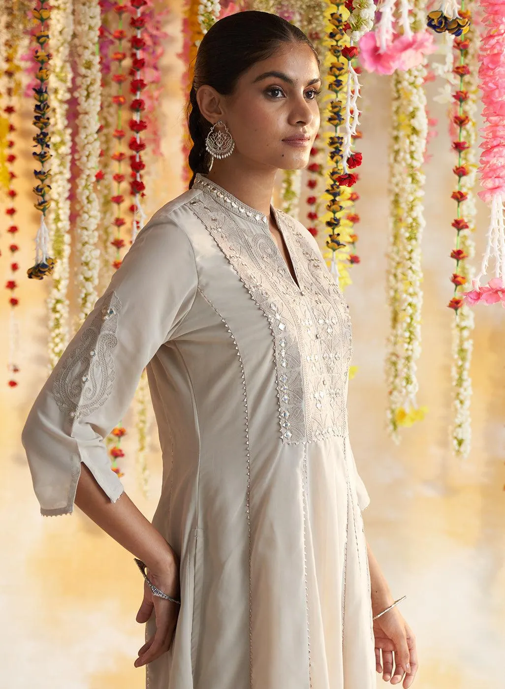 Pink-Beige Kurta Set With Chain Stitch Embroidery