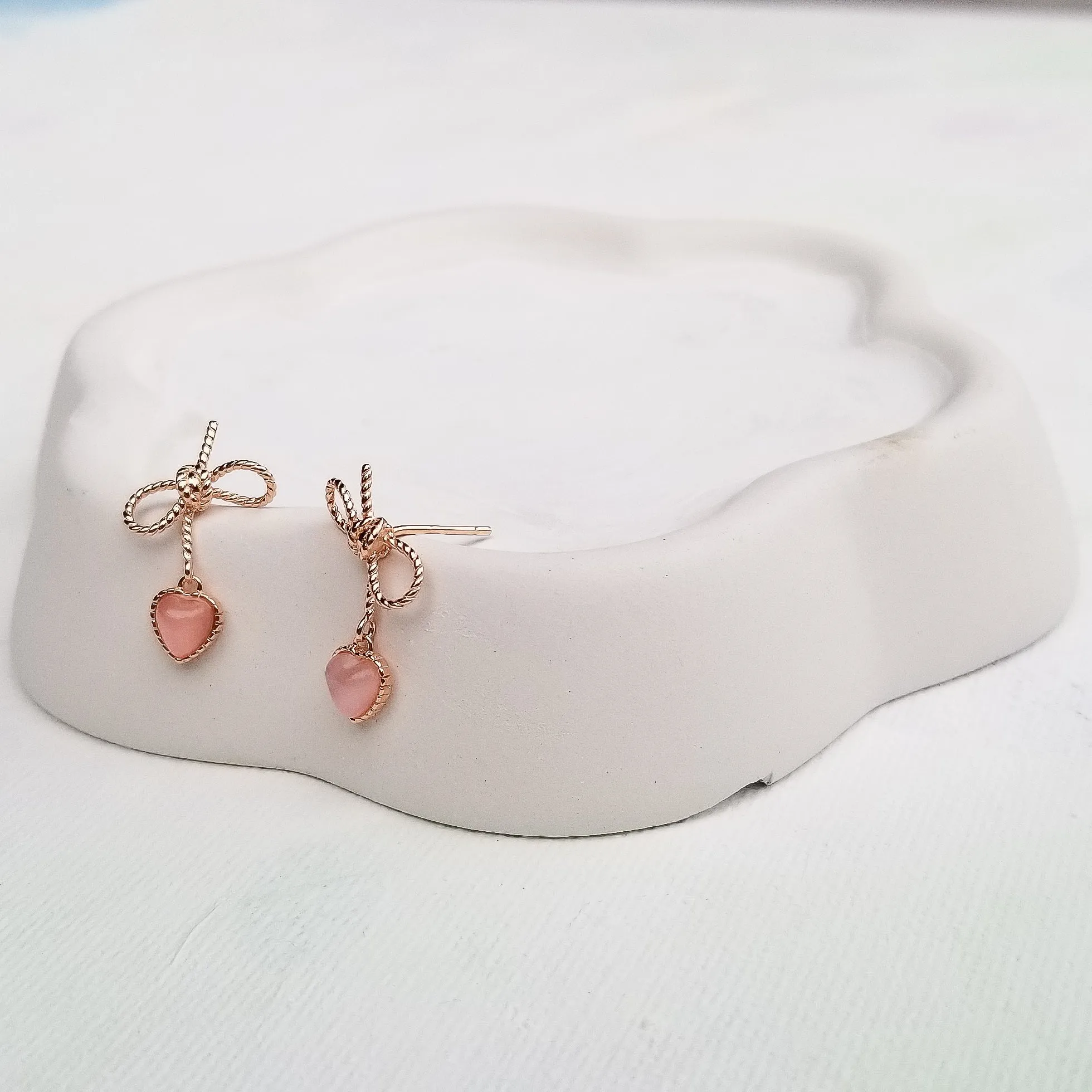 Pink Bow and Heart Stud Earrings
