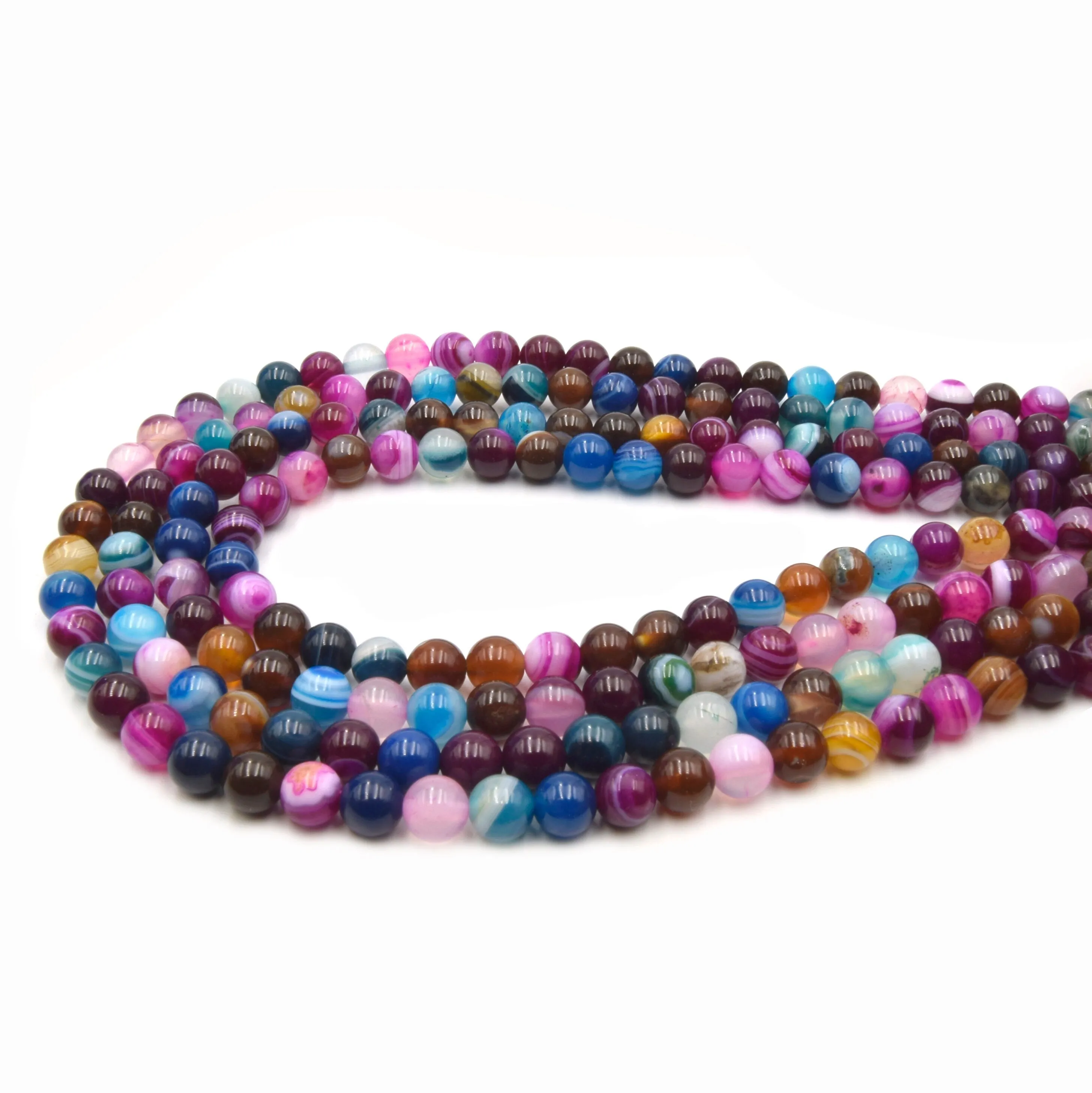 Pink Multi Color Striped Agate  Beads | Smooth Round Loose Gemstone Beads | Natural Agate Beads