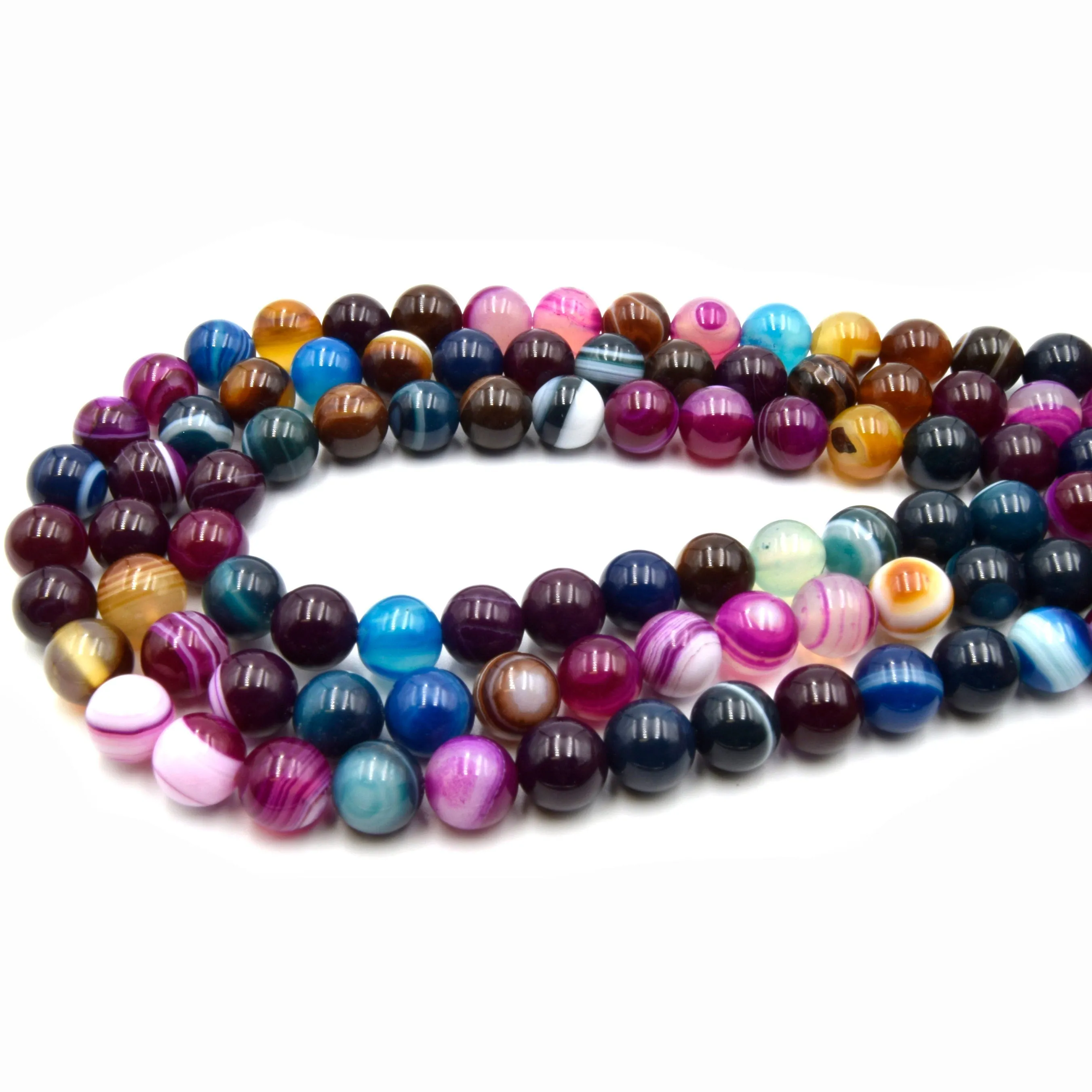 Pink Multi Color Striped Agate  Beads | Smooth Round Loose Gemstone Beads | Natural Agate Beads
