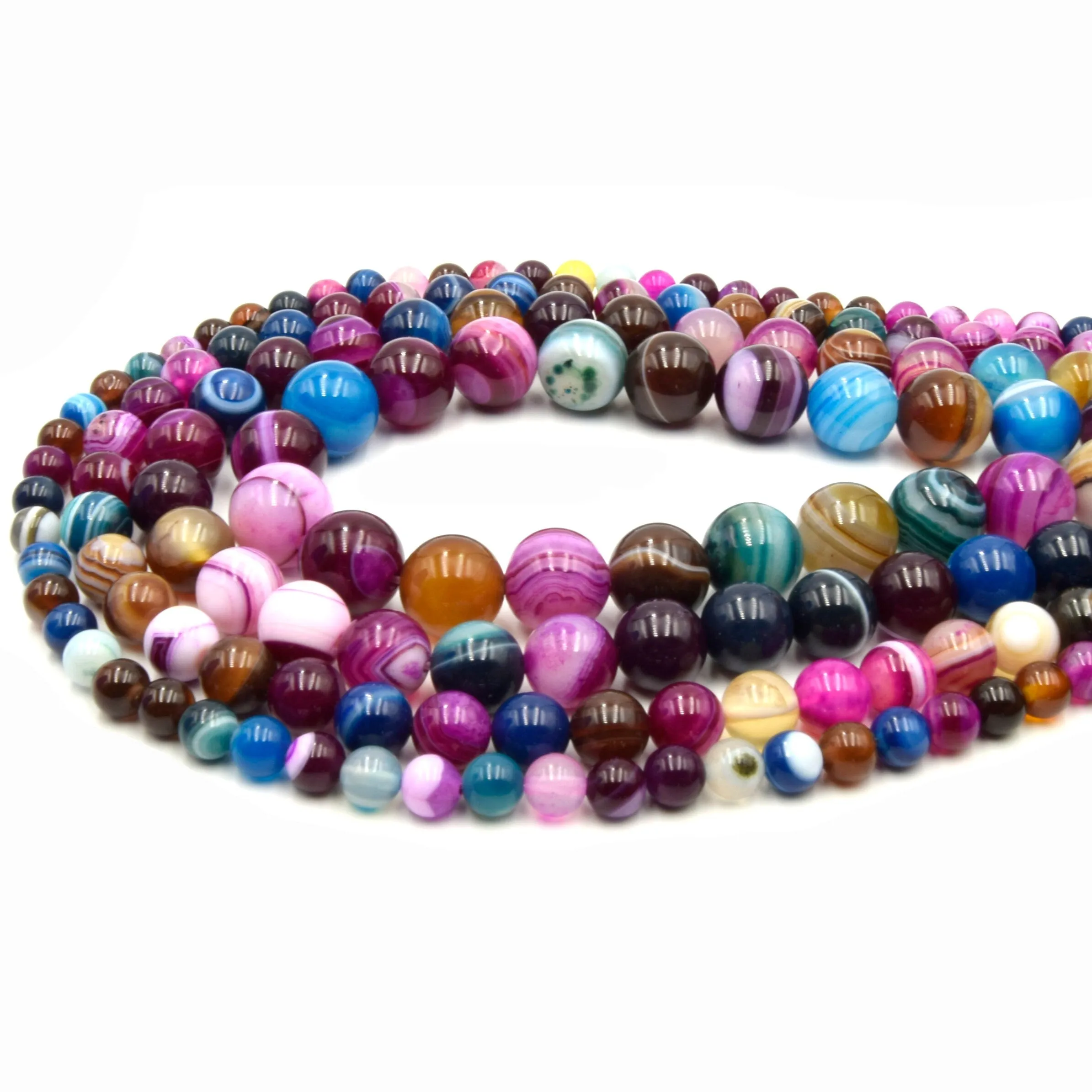 Pink Multi Color Striped Agate  Beads | Smooth Round Loose Gemstone Beads | Natural Agate Beads