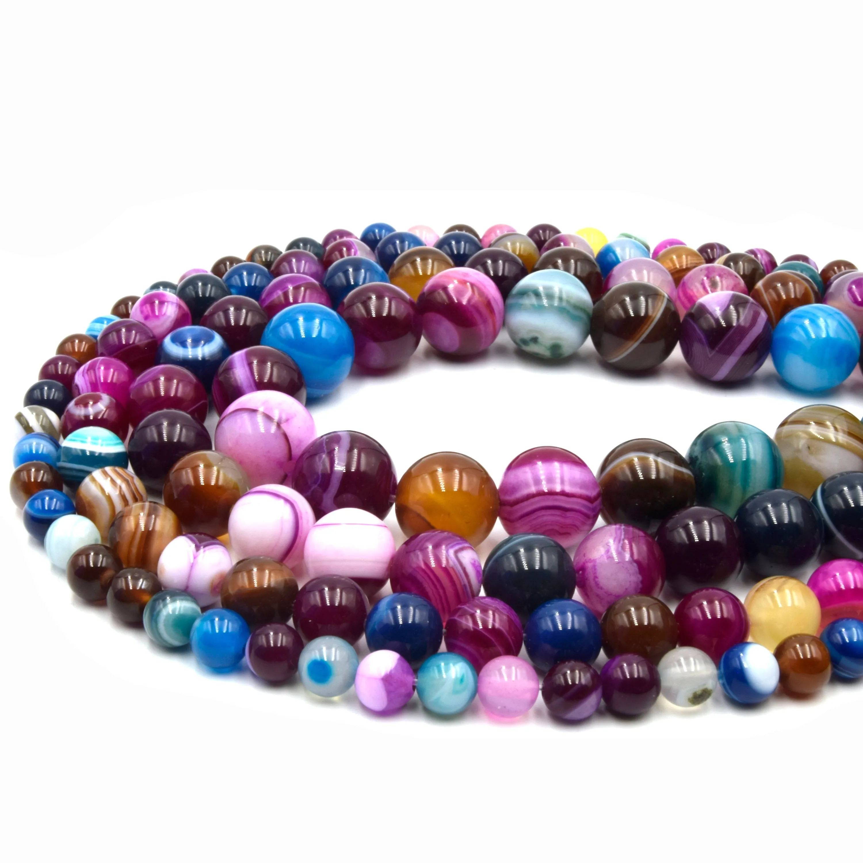 Pink Multi Color Striped Agate  Beads | Smooth Round Loose Gemstone Beads | Natural Agate Beads