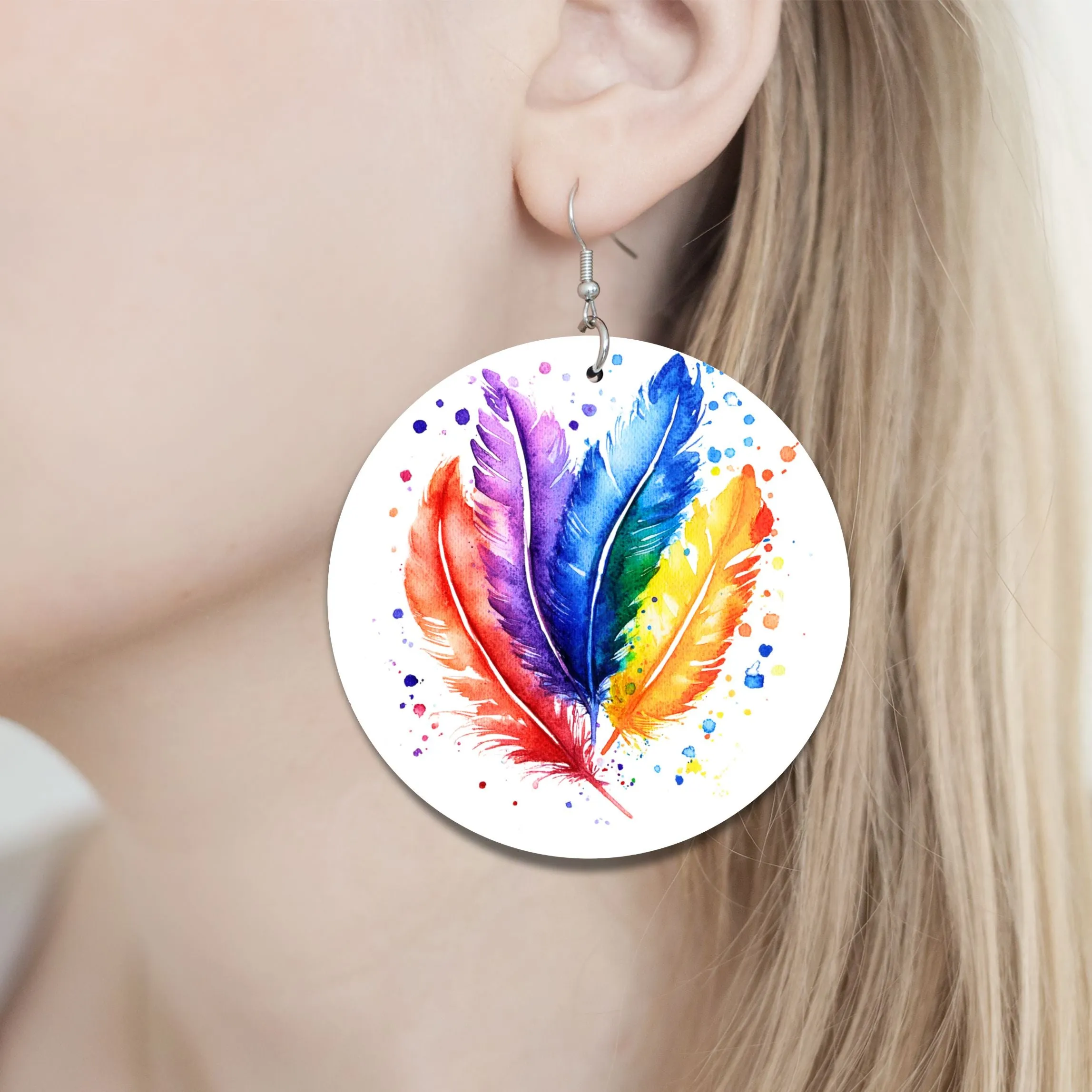 Plume Pallette - Rainbow Feathers Earrings - 2" Circle - Hand-painted Wood