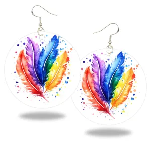 Plume Pallette - Rainbow Feathers Earrings - 2" Circle - Hand-painted Wood
