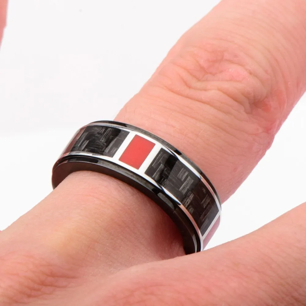 Polished Finish Black IP with a dash of red Carbon Fiber Weave Pattern Ring