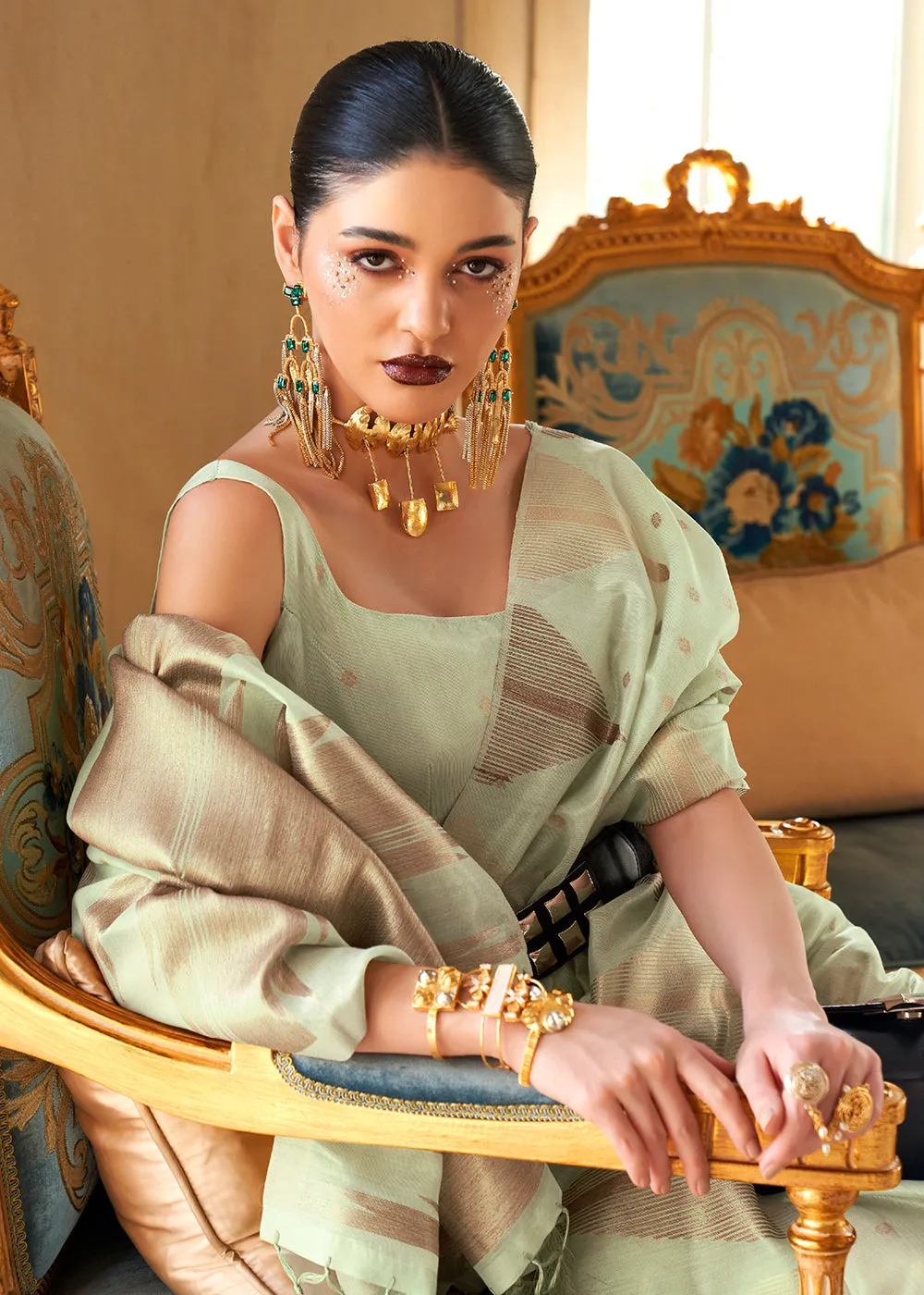 Pretty Sea-Green Tissue Zari Weaving Bollywood Saree