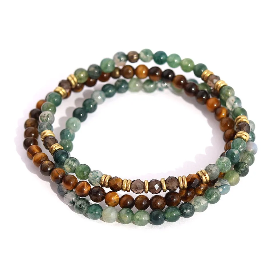 "Abundance & Prosperity" Moss Agate and Smoky Quartz Delicate Bracelet Set