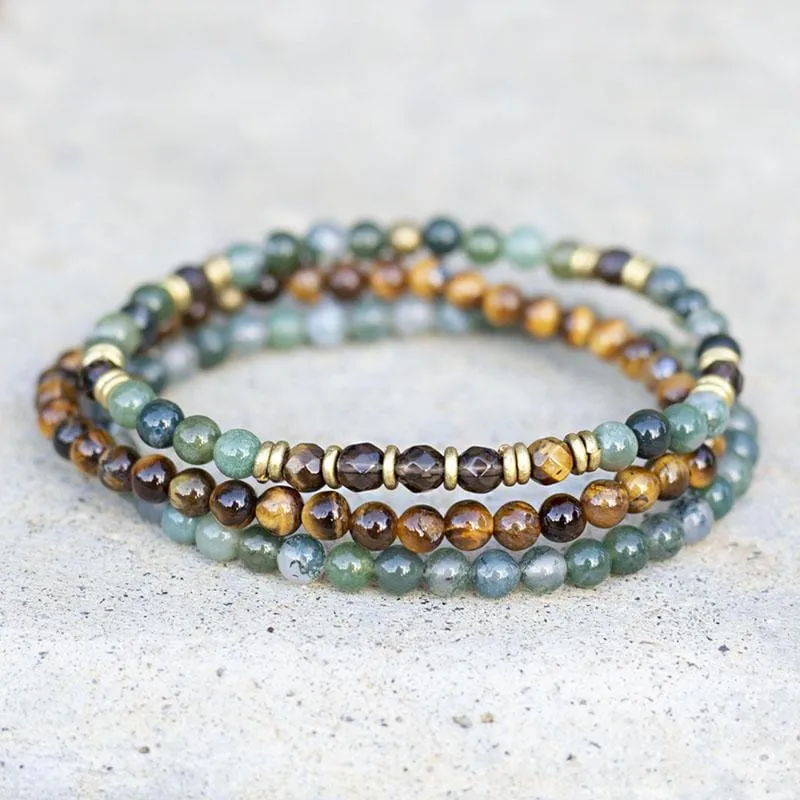 "Abundance & Prosperity" Moss Agate and Smoky Quartz Delicate Bracelet Set