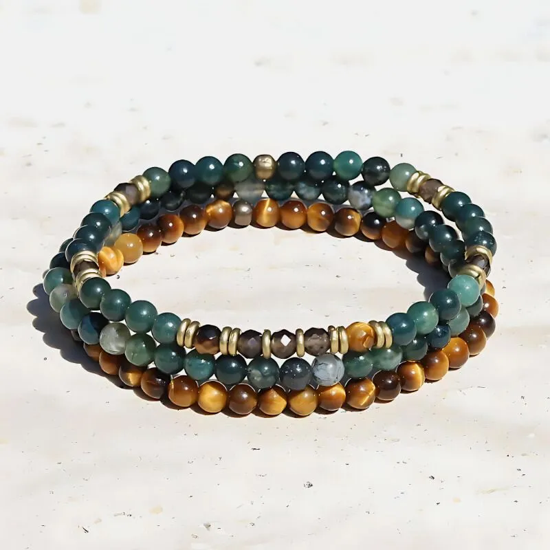"Abundance & Prosperity" Moss Agate and Smoky Quartz Delicate Bracelet Set