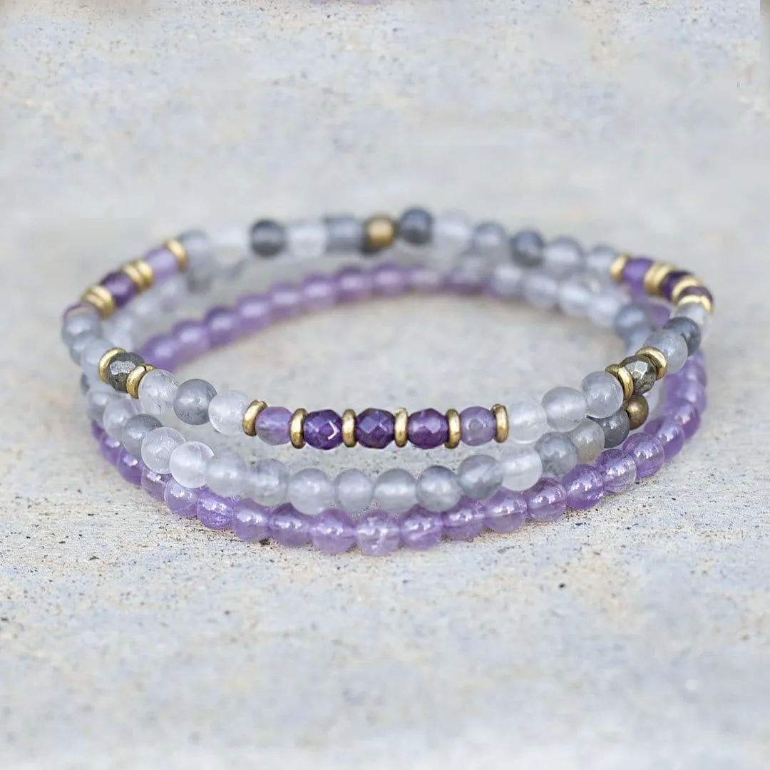 "Emotional Healing" Cloudy Quartz Crystal and Amethyst Delicate Bracelet Stack
