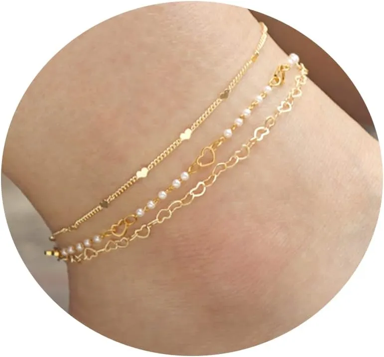 Raicegs Layered Anklet Bracelets for Women 18K Gold Anklets Dainty Chain Pearl Beads Anklet Beach Jewelry Gift for Women Girl