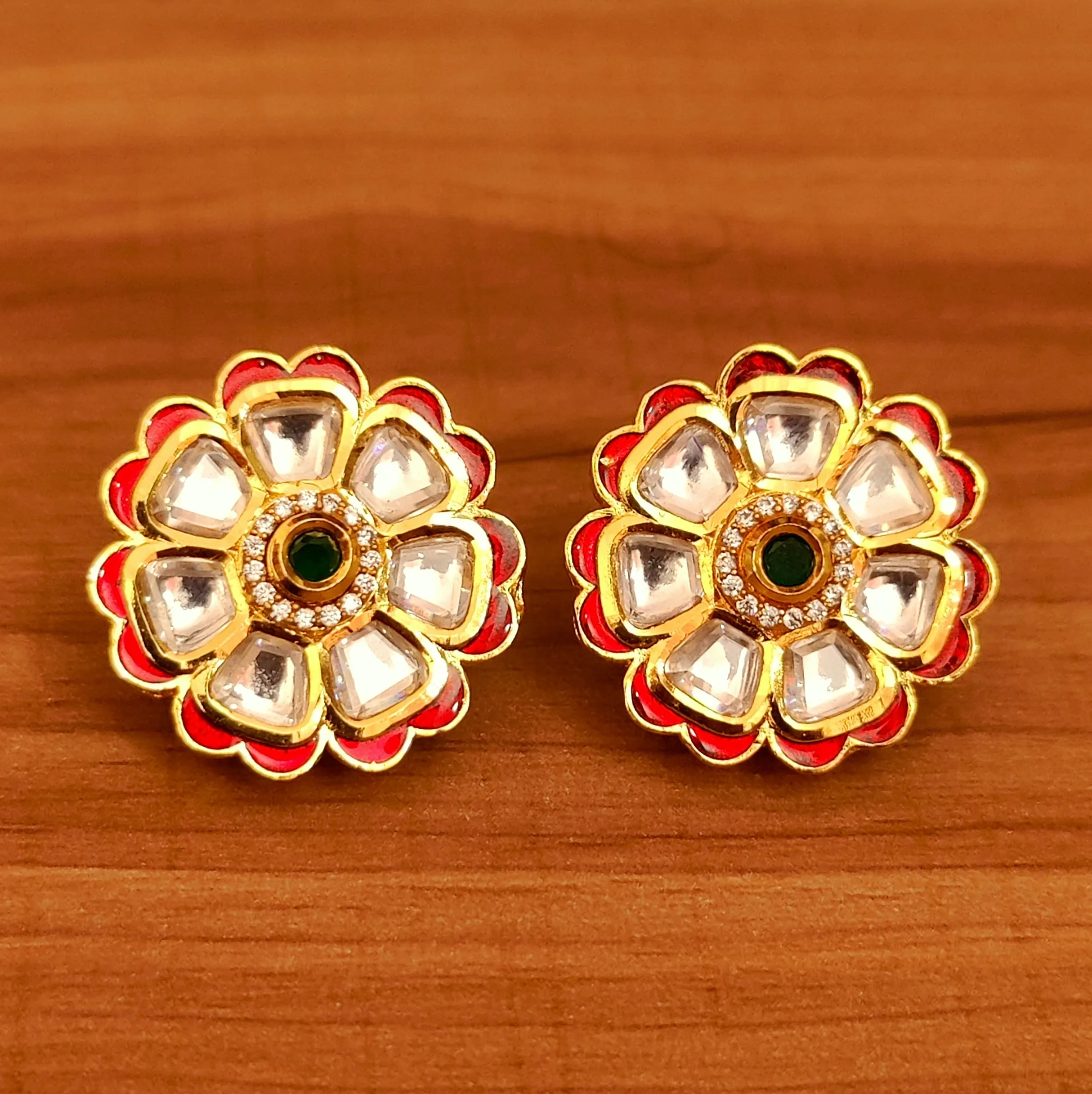 RED MEENAKARI KUNDAN POLKI FLOWER PATTER BIG STUDS