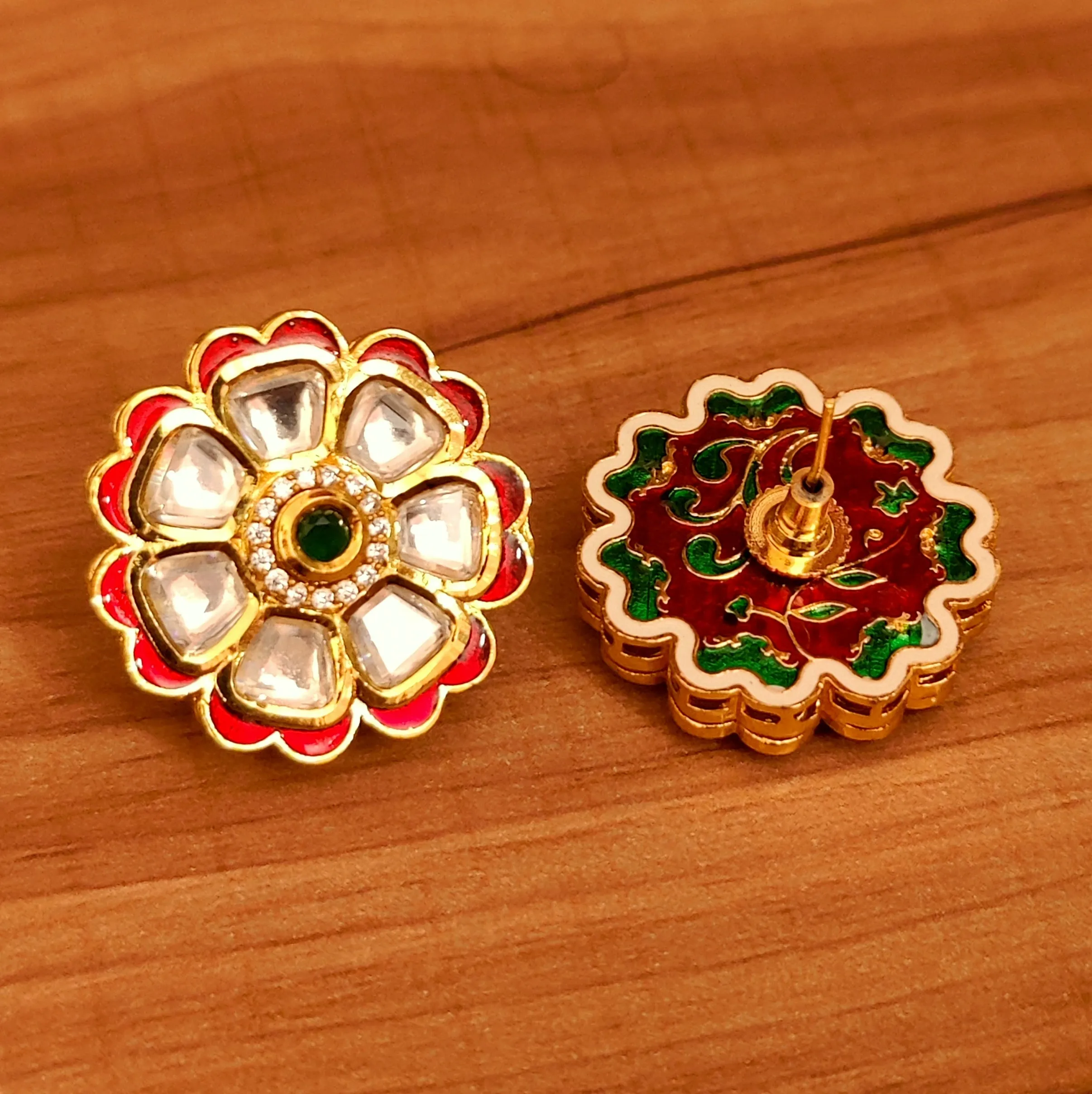 RED MEENAKARI KUNDAN POLKI FLOWER PATTER BIG STUDS