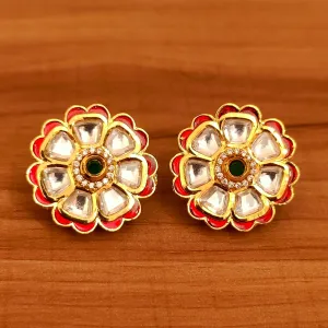 RED MEENAKARI KUNDAN POLKI FLOWER PATTER BIG STUDS