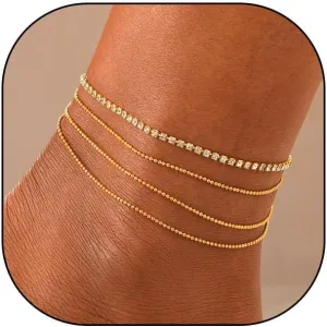 RTY Gold Anklets Bracelets for Women 14K Gold Plated Layering Anklets Waterproof Snake Chain Sparkly Rhinestone Footchain Set Layered Barefoot Ankle Bracelets for Women
