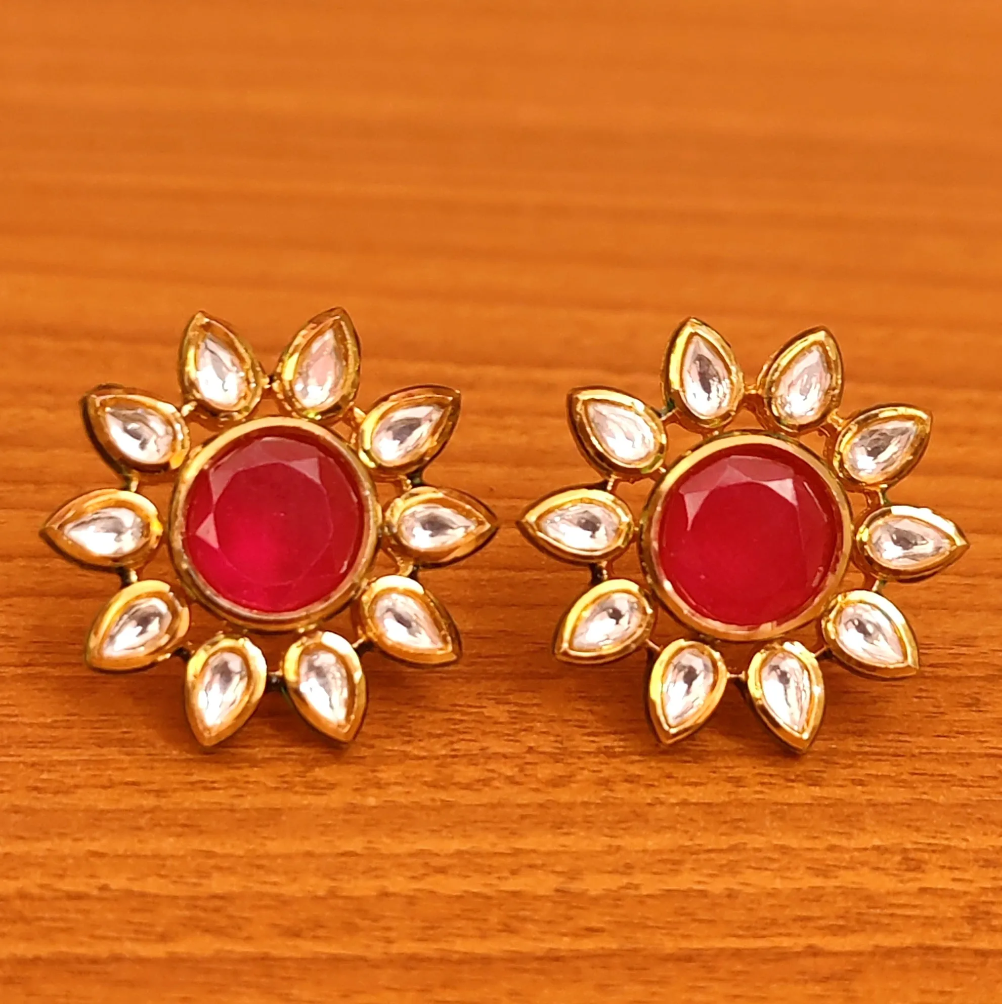 RUBY KUNDAN MEENAKARI GOLD PLATED STUDS