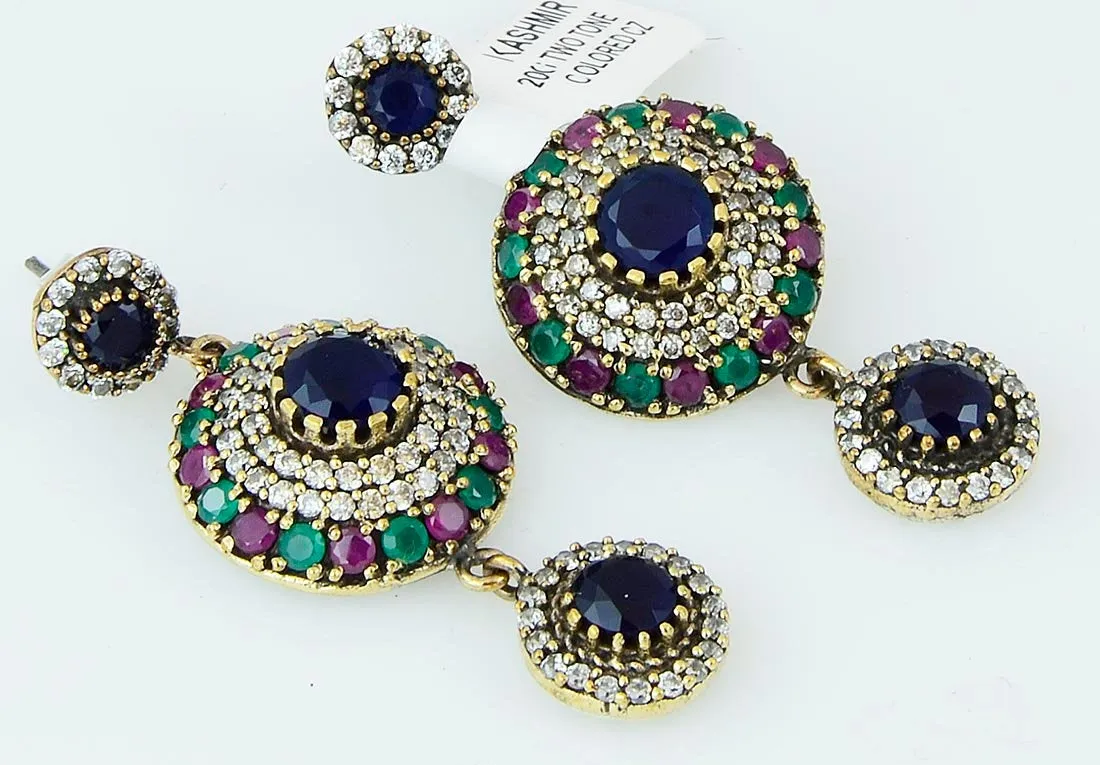 Sapphire Ruby Emerald Earrings 925 Sterling Silver Blue Chandelier Dome Dangle