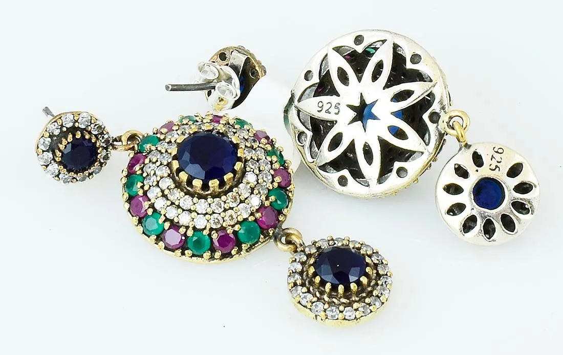 Sapphire Ruby Emerald Earrings 925 Sterling Silver Blue Chandelier Dome Dangle