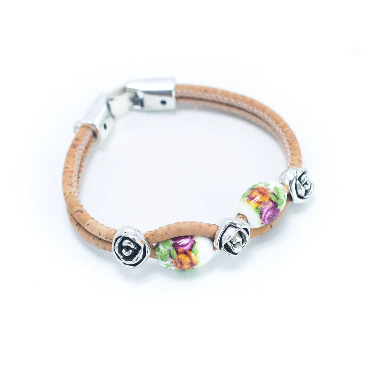 Set of 4: Bohemian Cork & Rose Beaded Bracelets (BR-448-MIX-4)