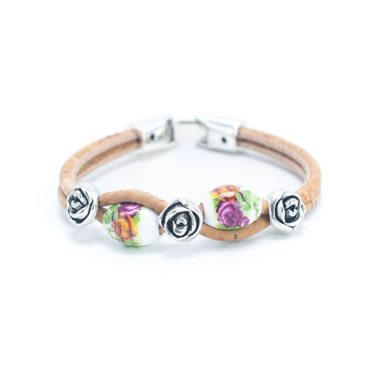Set of 4: Bohemian Cork & Rose Beaded Bracelets (BR-448-MIX-4)