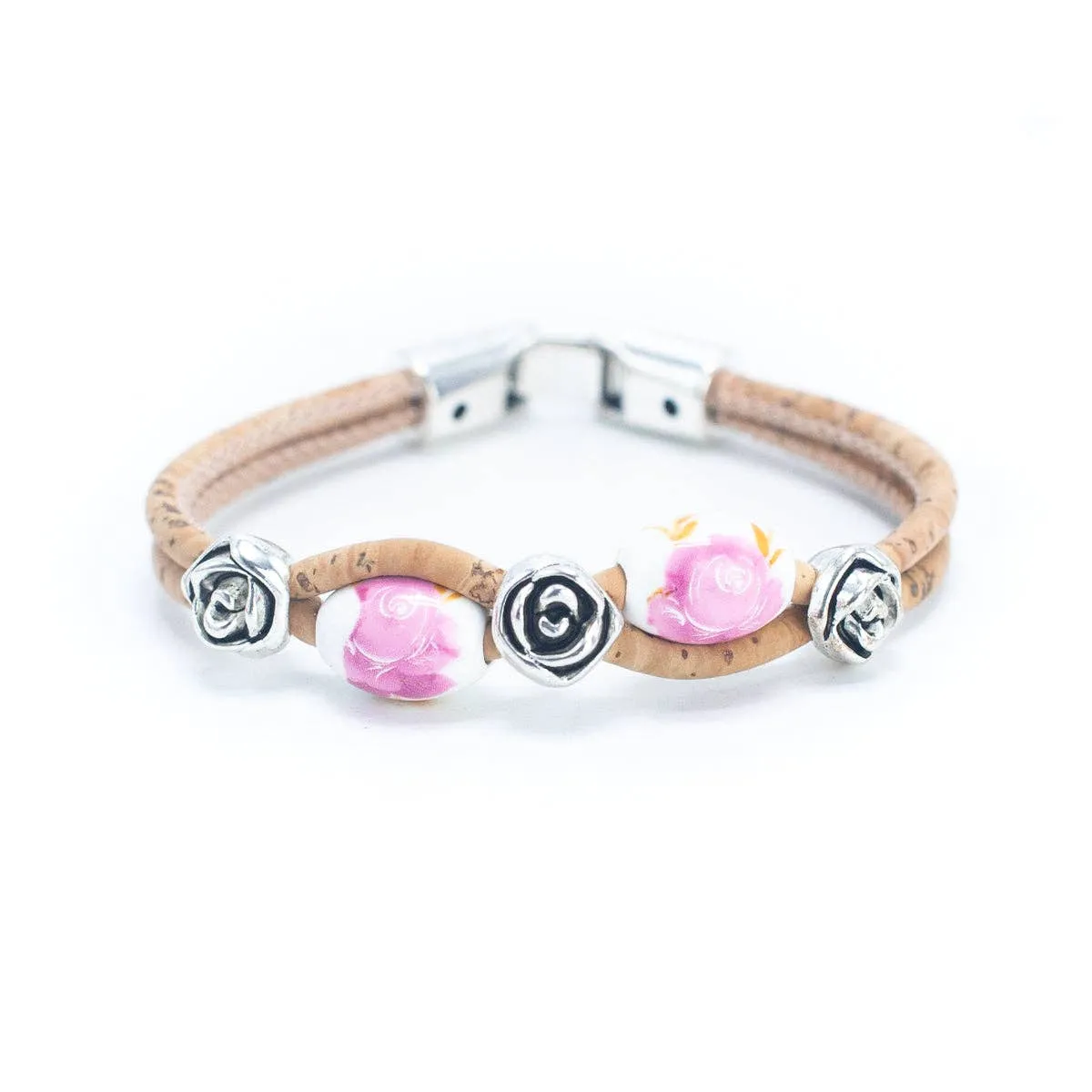 Set of 4: Bohemian Cork & Rose Beaded Bracelets (BR-448-MIX-4)