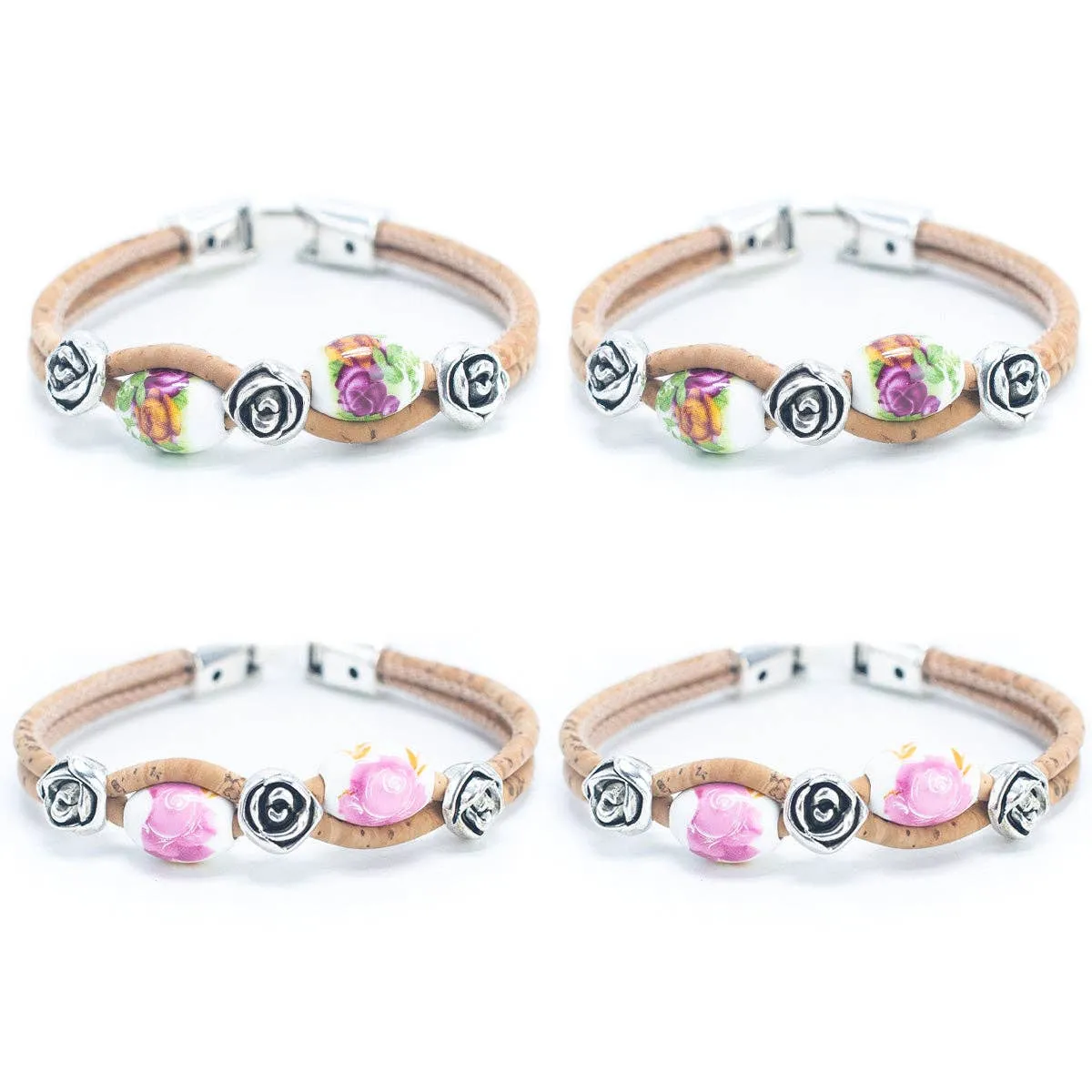 Set of 4: Bohemian Cork & Rose Beaded Bracelets (BR-448-MIX-4)