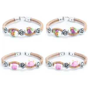 Set of 4: Bohemian Cork & Rose Beaded Bracelets (BR-448-MIX-4)