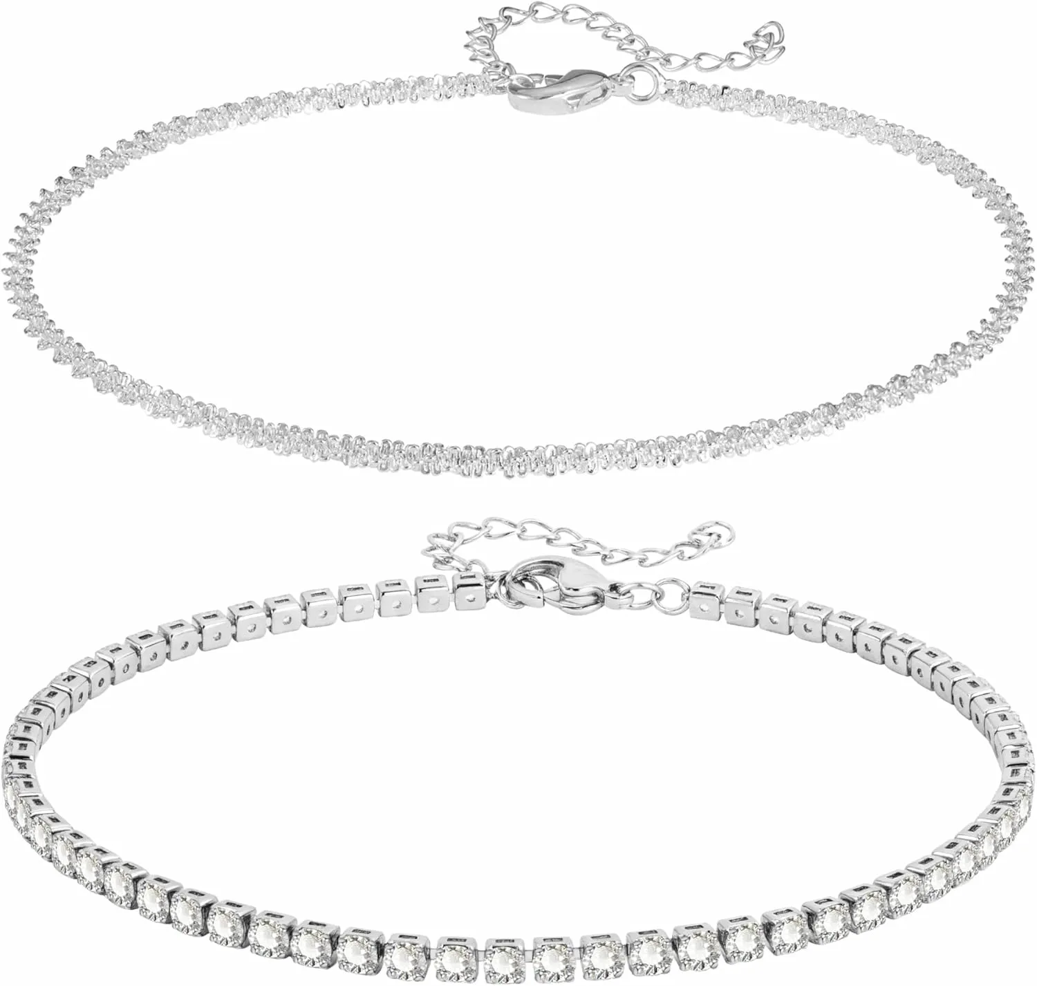 Silver Ankle Bracelets for Women Dainty Layered Waterproof Silver Anklets for Women Adjustable Cute Womens Anklet Set Sparkly Chain Rhinestone Anklets Plus Size Beach Feet Jewelry Gift Non Tarnish