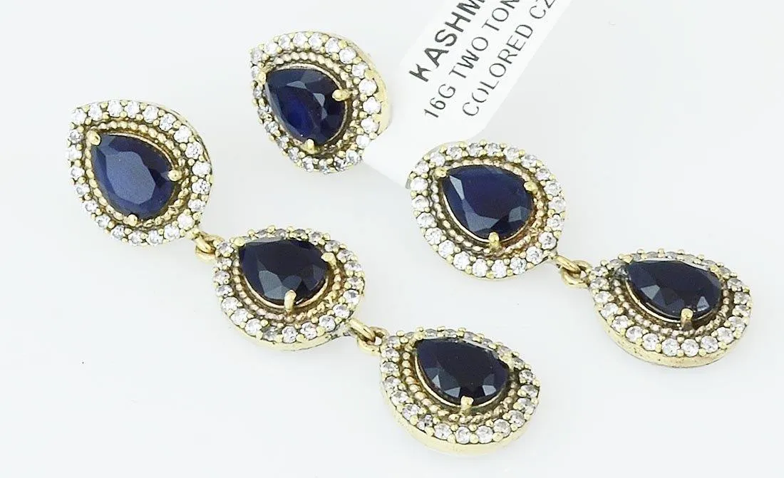 Silver Blue Ottoman Art Deco Vintage Dangle Drop 925 Sterling Earrings Pear
