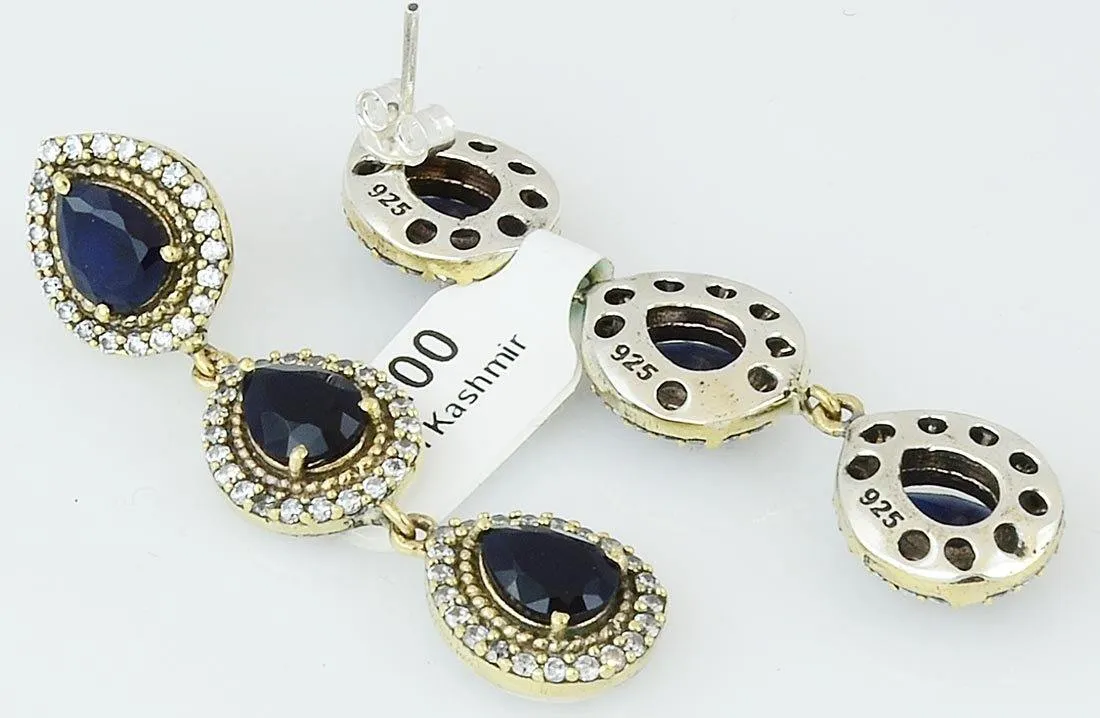 Silver Blue Ottoman Art Deco Vintage Dangle Drop 925 Sterling Earrings Pear