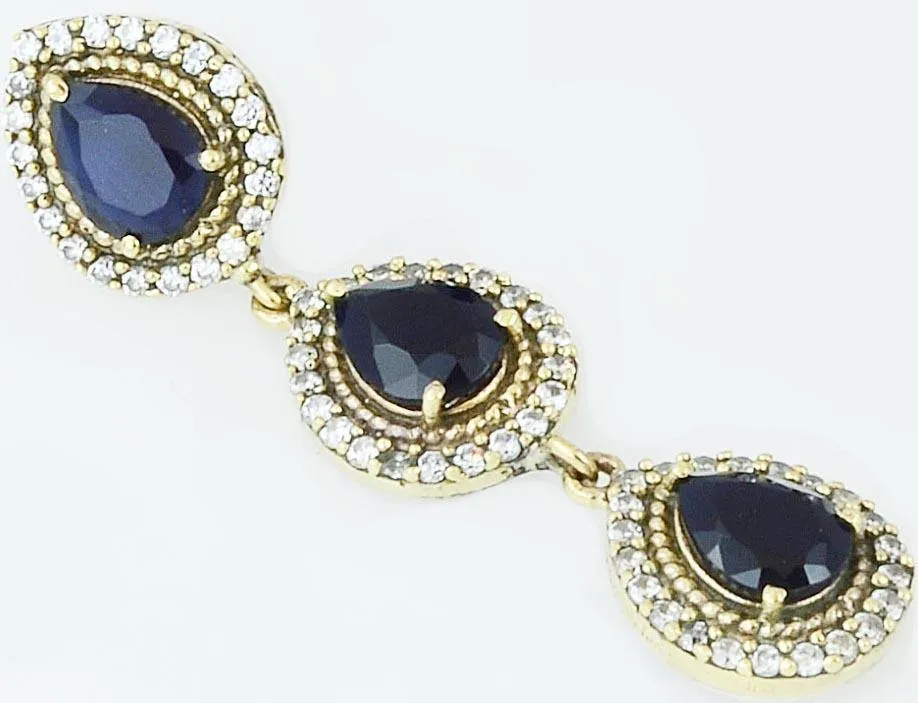 Silver Blue Ottoman Art Deco Vintage Dangle Drop 925 Sterling Earrings Pear
