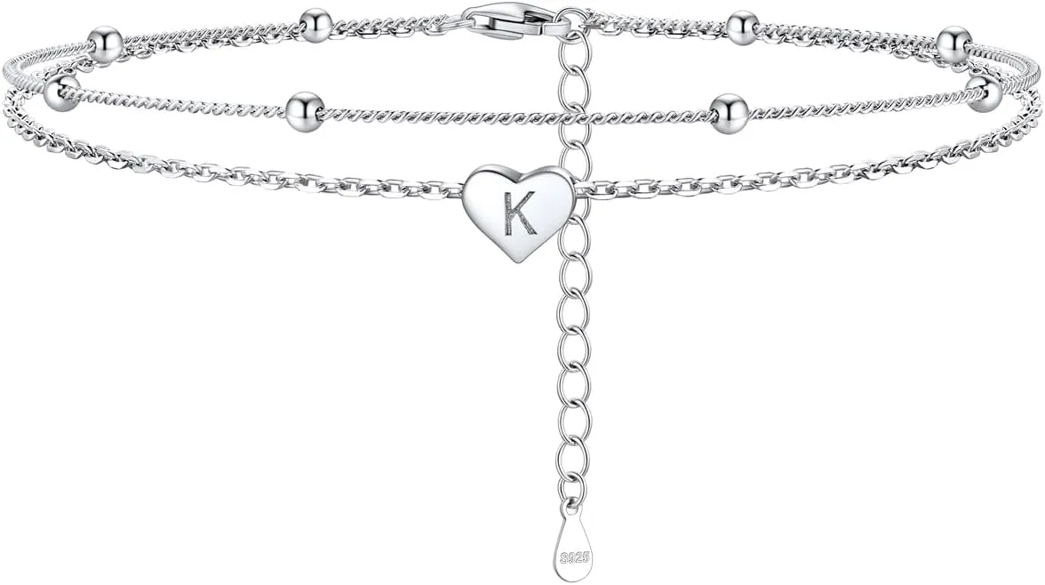 Silvora 925 Sterling Silver Anklets for Women Heart Anklet with Beaded Heart Initial Anklets for Womens