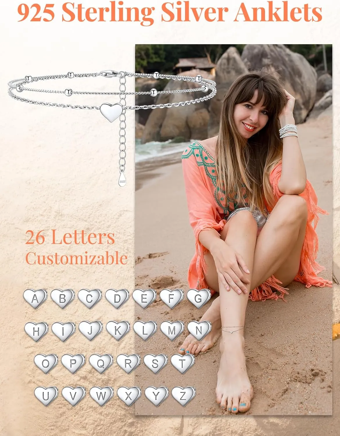 Silvora 925 Sterling Silver Anklets for Women Heart Anklet with Beaded Heart Initial Anklets for Womens