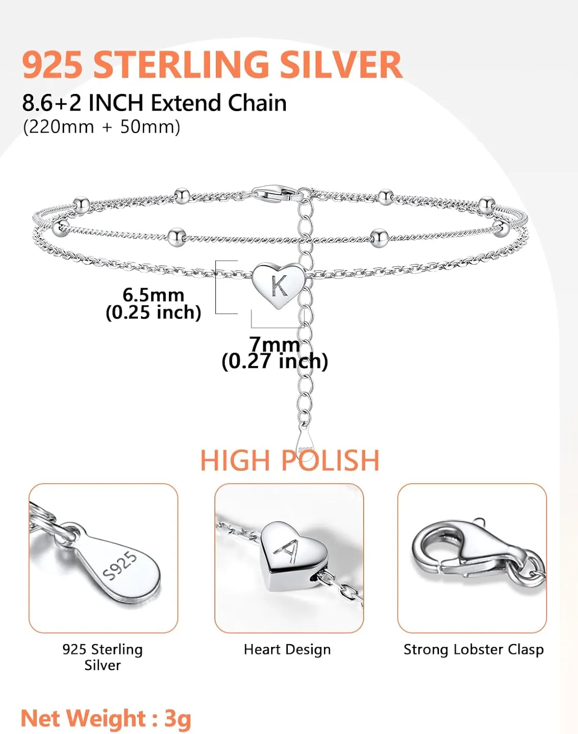 Silvora 925 Sterling Silver Anklets for Women Heart Anklet with Beaded Heart Initial Anklets for Womens