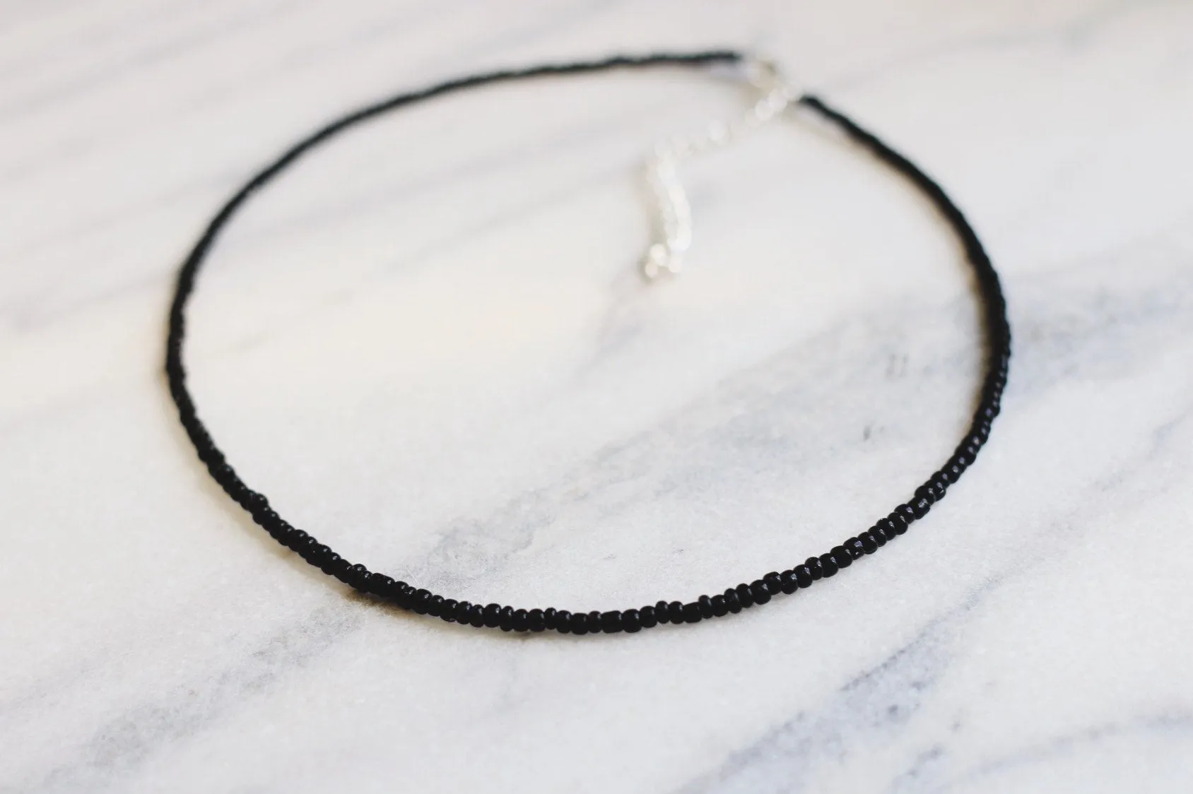 Simple Black Glass Beaded Choker Necklace