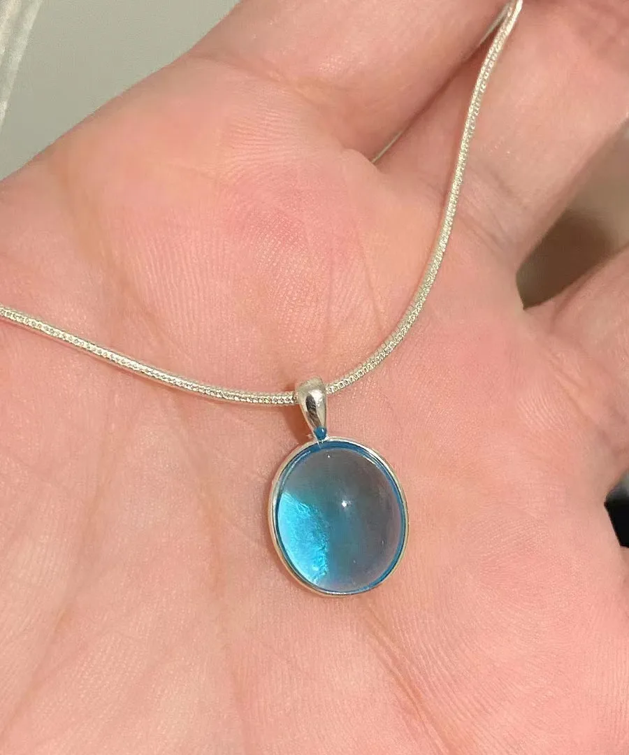 Simple Blue Alloy Gem Stone Pendant Necklace