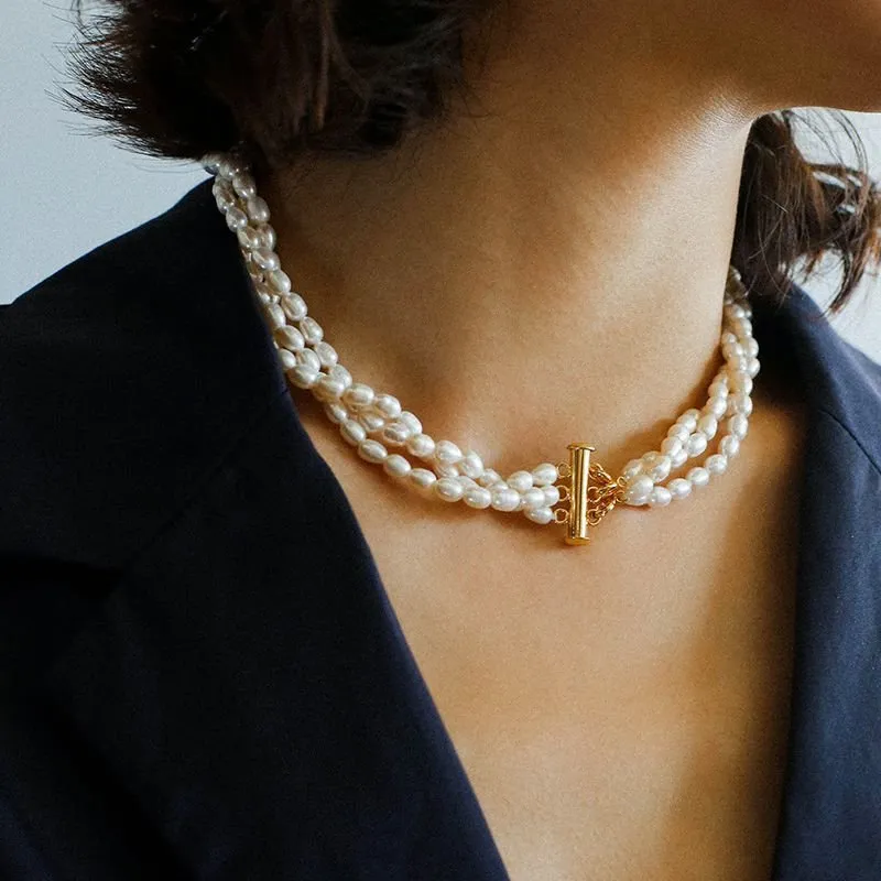 Simple Three-Layer Freshwater Pearl Necklace