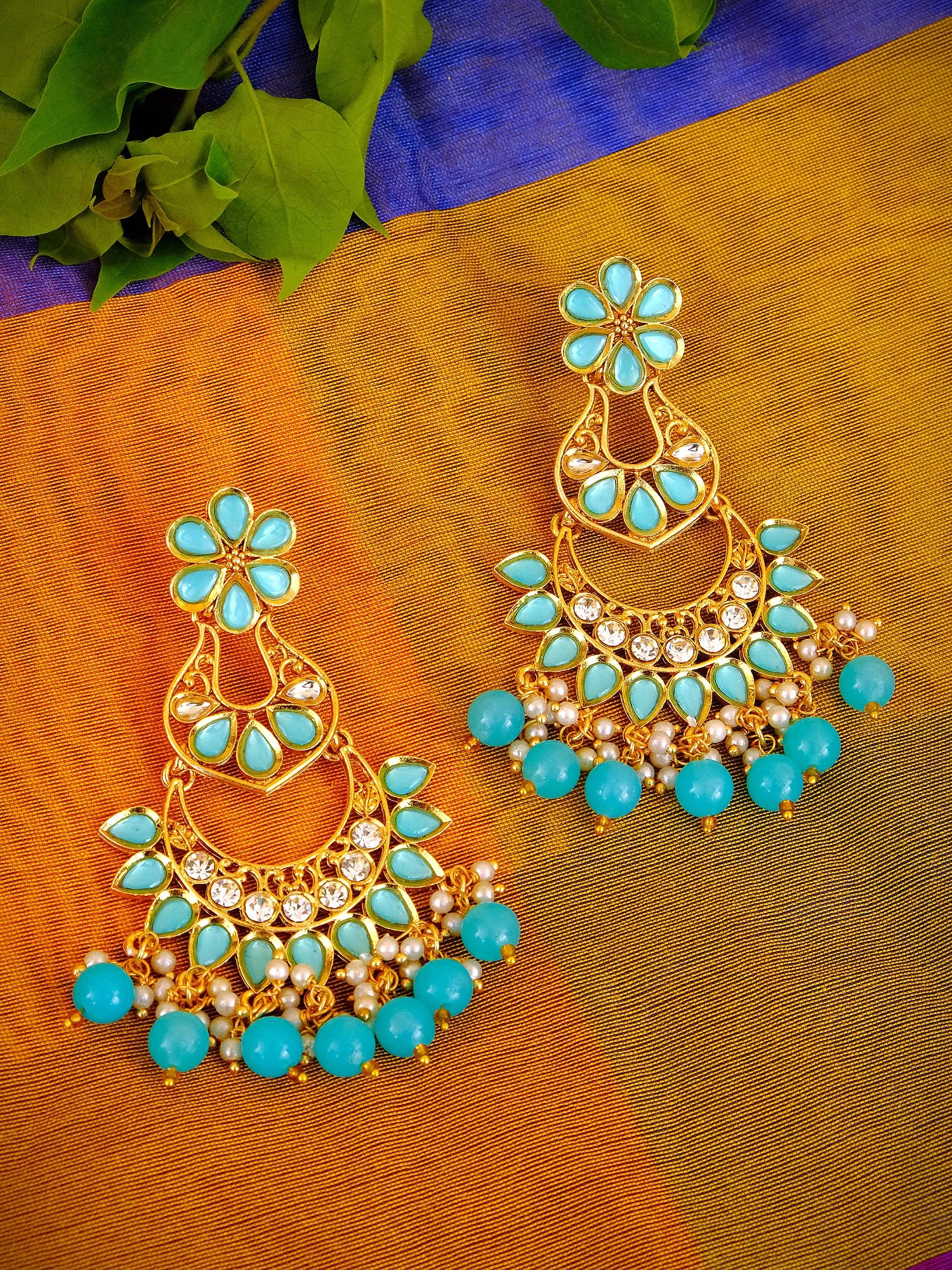 Sky-Blue Gold Plated Asymmetric Dangler Earrings - Ethnic Collection