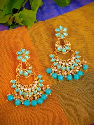 Sky-Blue Gold Plated Asymmetric Dangler Earrings - Ethnic Collection