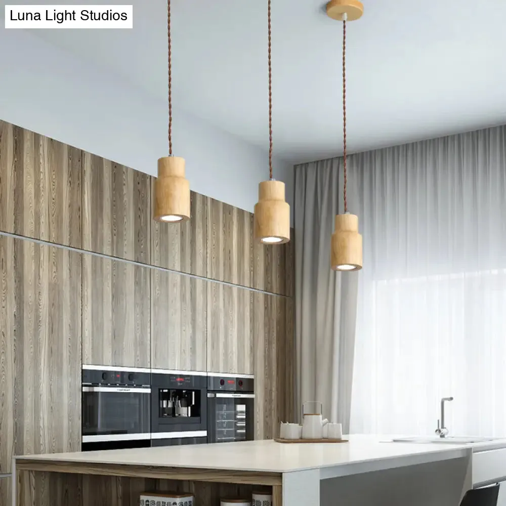 Sleek Geometric Wooden LED Ceiling Pendant Light in Beige - Perfect for Kitchen Suspension