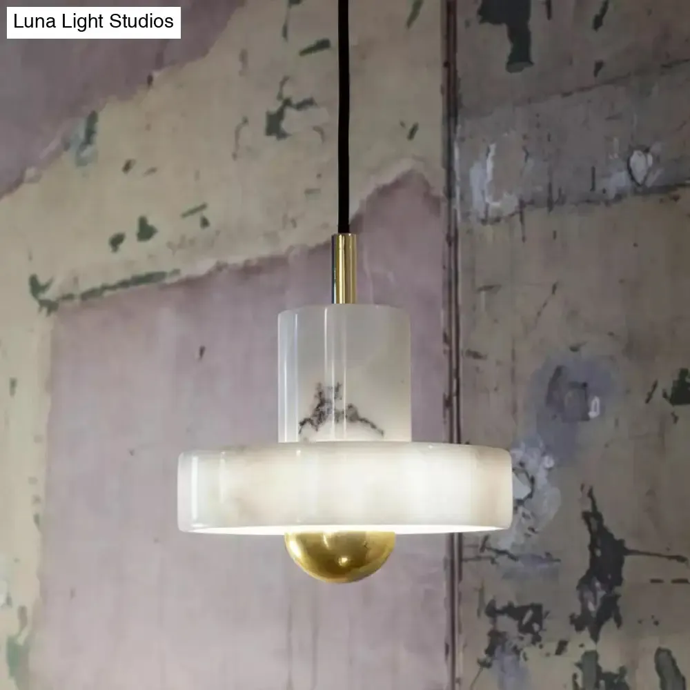 Sleek Minimalist Pendulum Light Marble 1-Bulb Dining Room Pendant in White & Brass